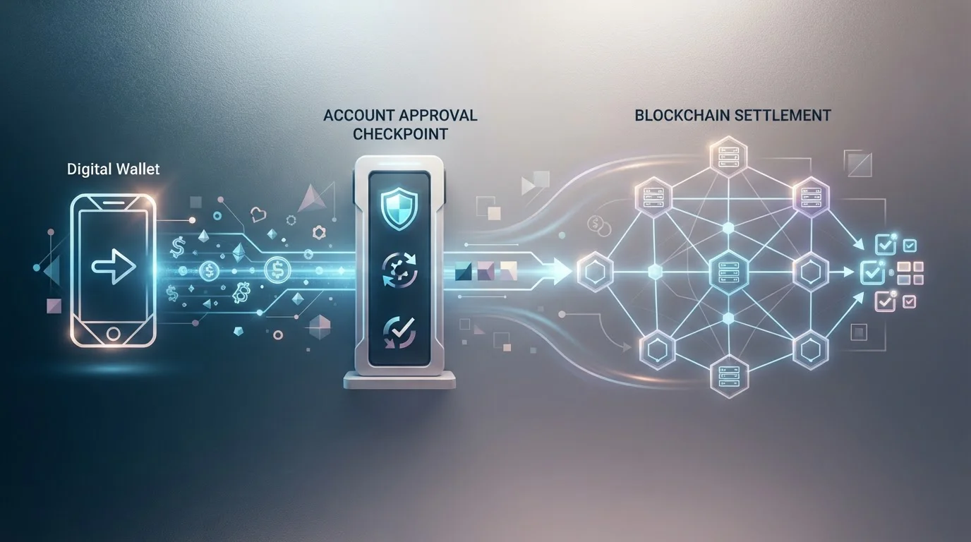 Crypto payment flow showing wallet, approval checkpoint and blockchain transfer stages
