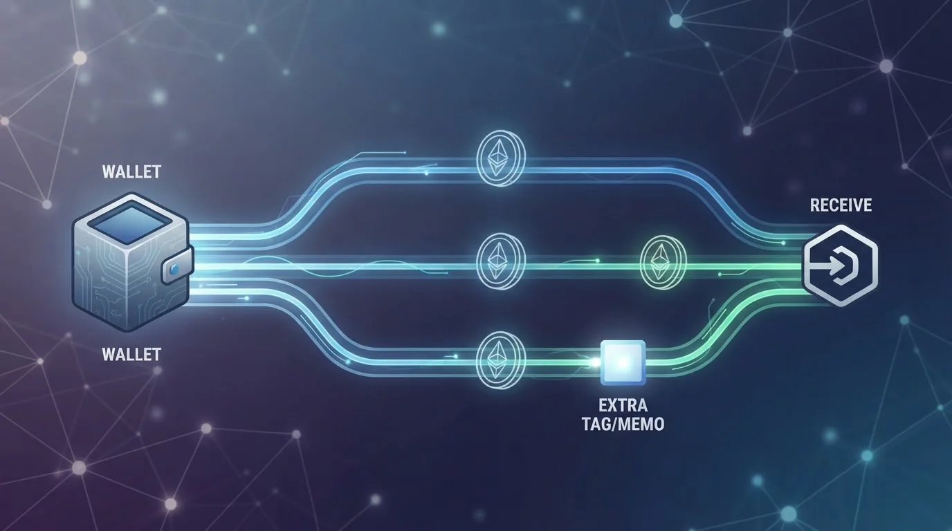 Crypto wallet transfer paths connecting coins to matching blockchain networks