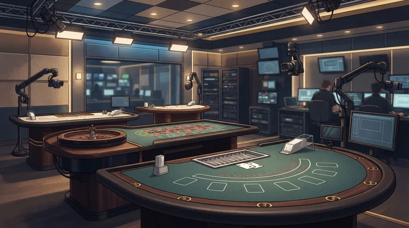 Modern live casino studio with gaming tables and broadcast equipment