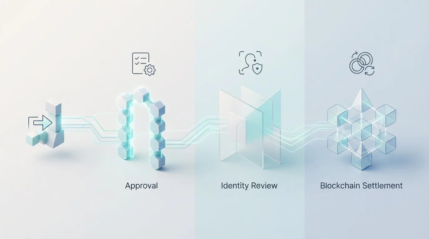 Three-stage crypto withdrawal flow from approval through verification to blockchain settlement